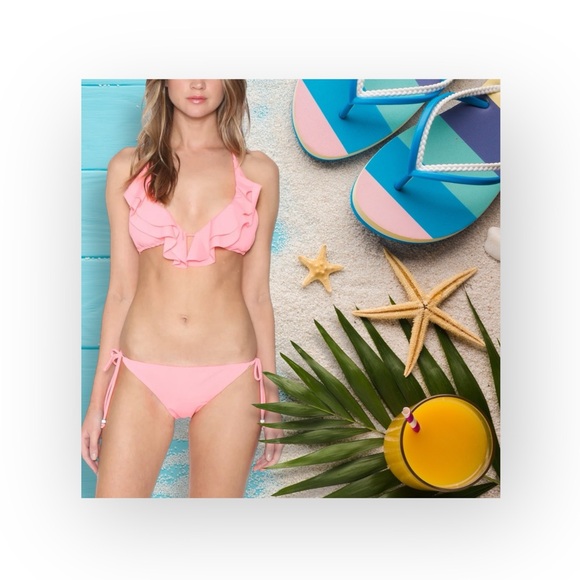 Shoshanna ☀︎︎ Flutter Halter Bikini Set with String Side Tie Detail ☀︎︎ Coral XL - Picture 1 of 16